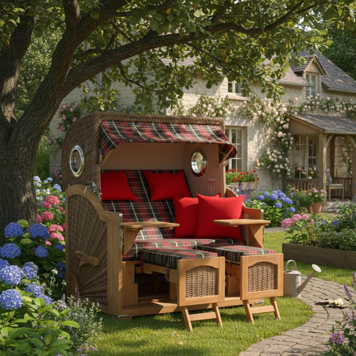 STRANDKORB XXL Düne Grande Teak Banana - Rot/Braun, Metall (142/170/95cm) - Mr. Deko