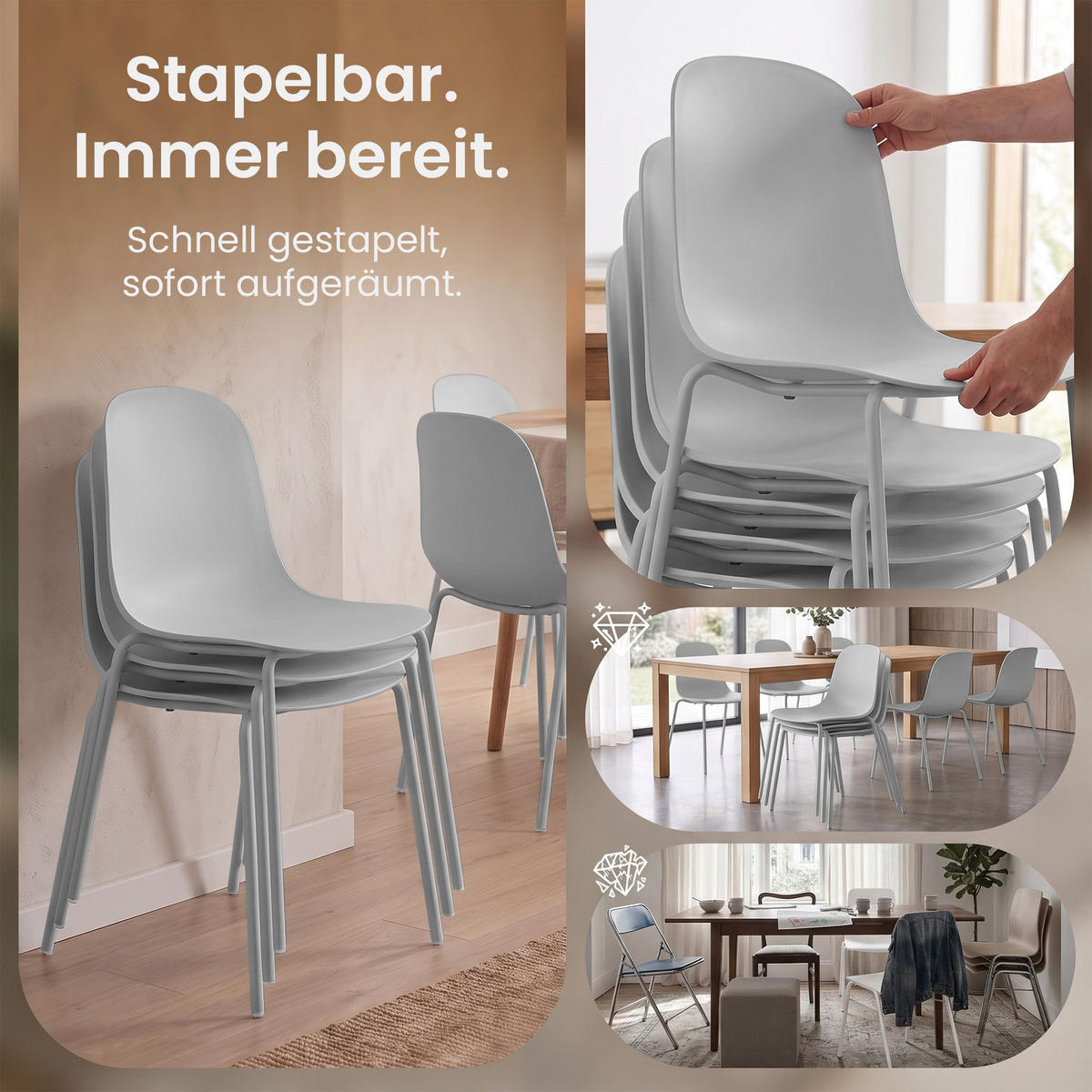 STAPELSTUHL 2 Kunststoff Hellgrau - Hellgrau, Kunststoff/Metall (51/85/55cm) - CLP