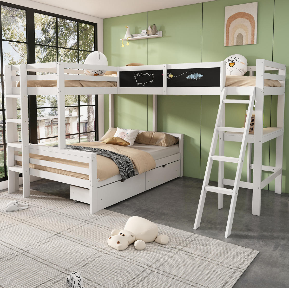 ETAGENBETT 140/200 cm weiß/eichefarben aus Massivholz mit Schreibtisch - Weiß, Holz (140/200cm) - OKWISH