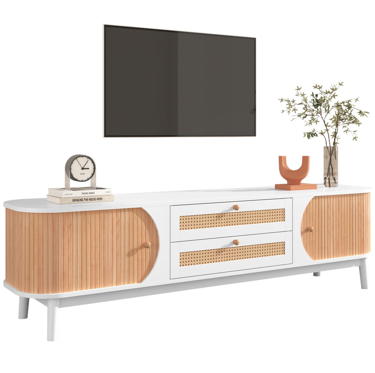 TV ormarić 170/39,5/46 cm bijeli od MDF-a s vratima i ladicama od ratana - bijela, drvni materijal (170/39.5/46cm) - OKWISH