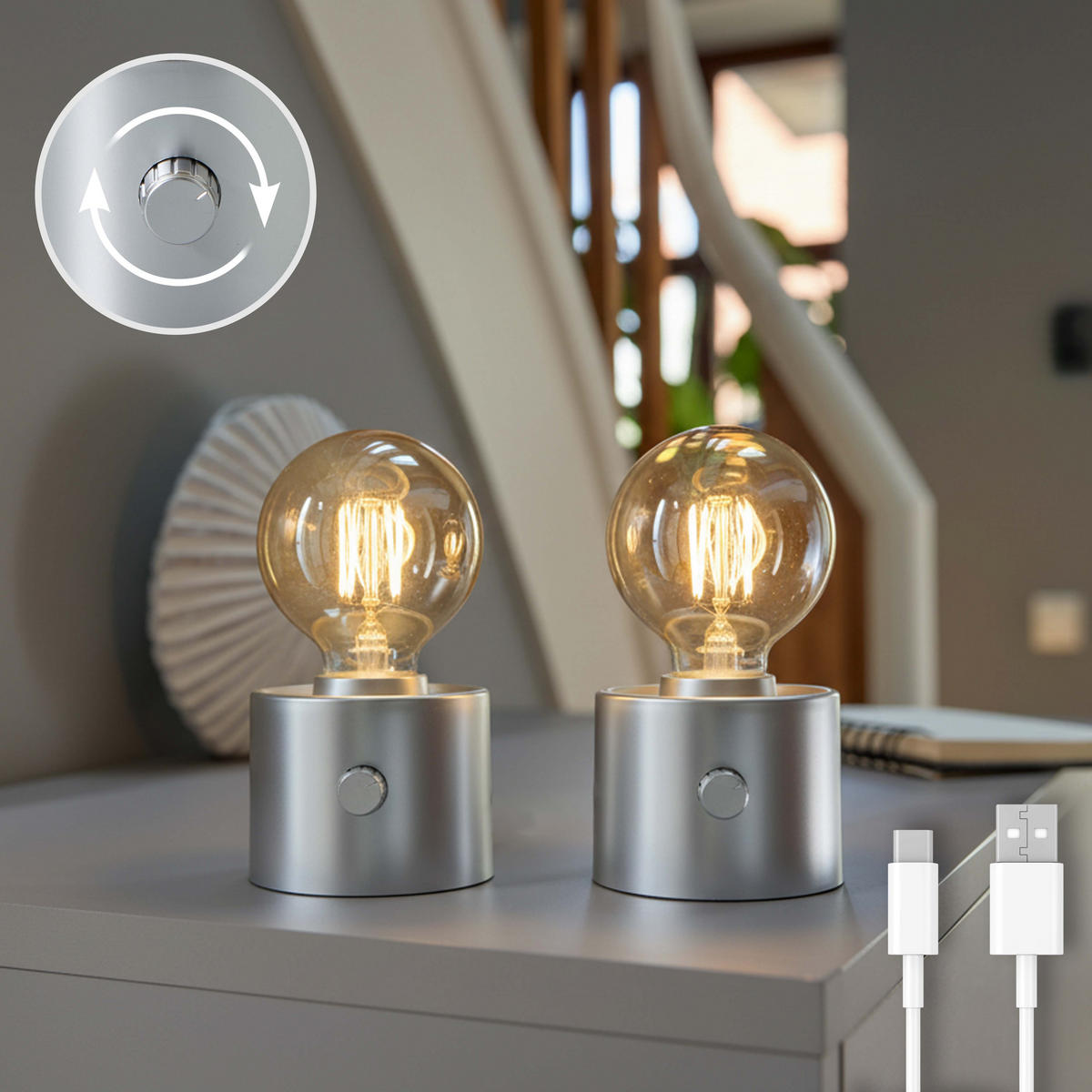 LED-TISCHLAMPE Vintage Edison dimmbar 10x9x16cm 2er-Set Silber matt - Silberfarben, Kunststoff (10/8.7/16cm) - Northpoint