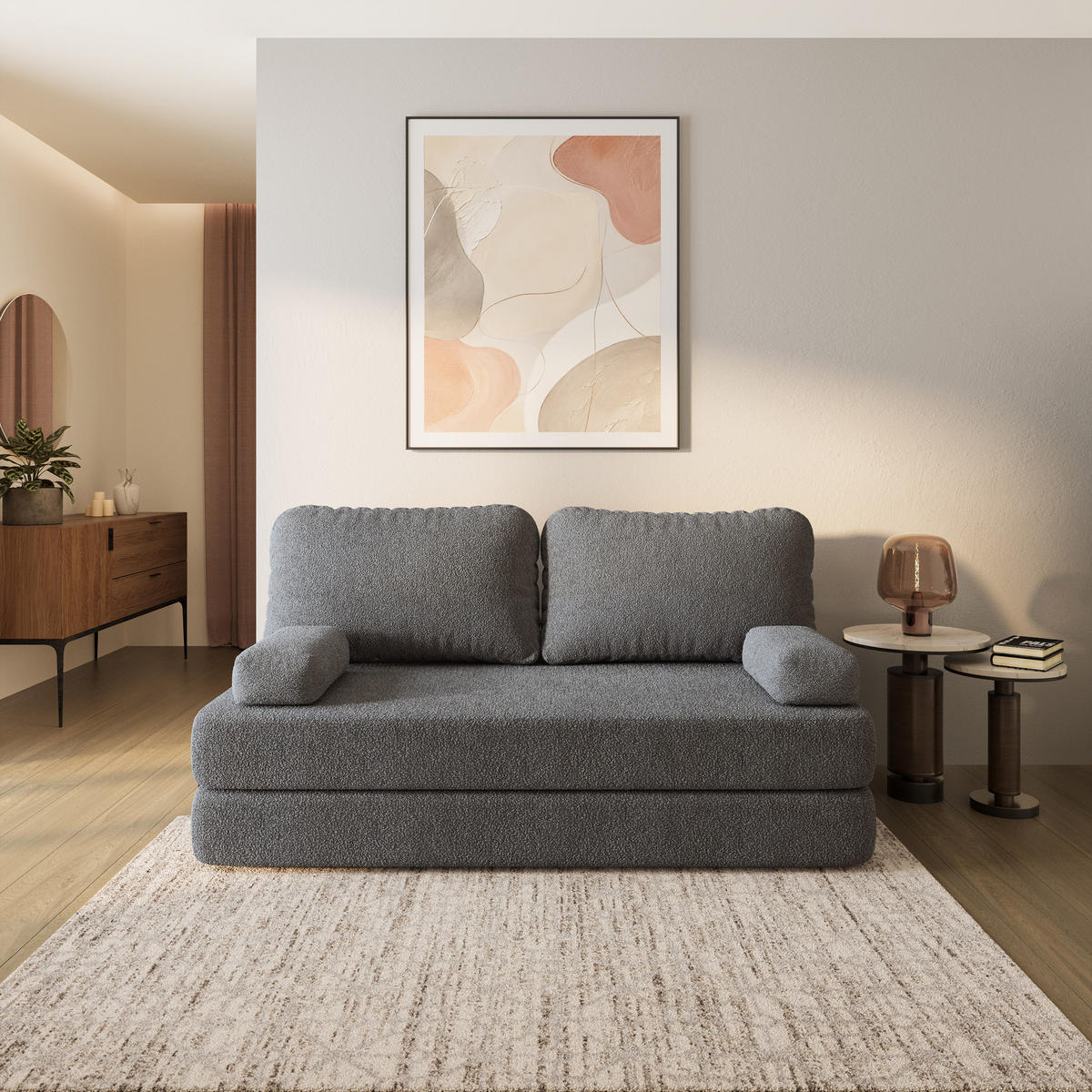 BETTSOFA NIKSI aus Schaumstoff Bucle-Stoff Grau Schlaffunktion - Grau, Textil (170/86/80cm) - MASSENO