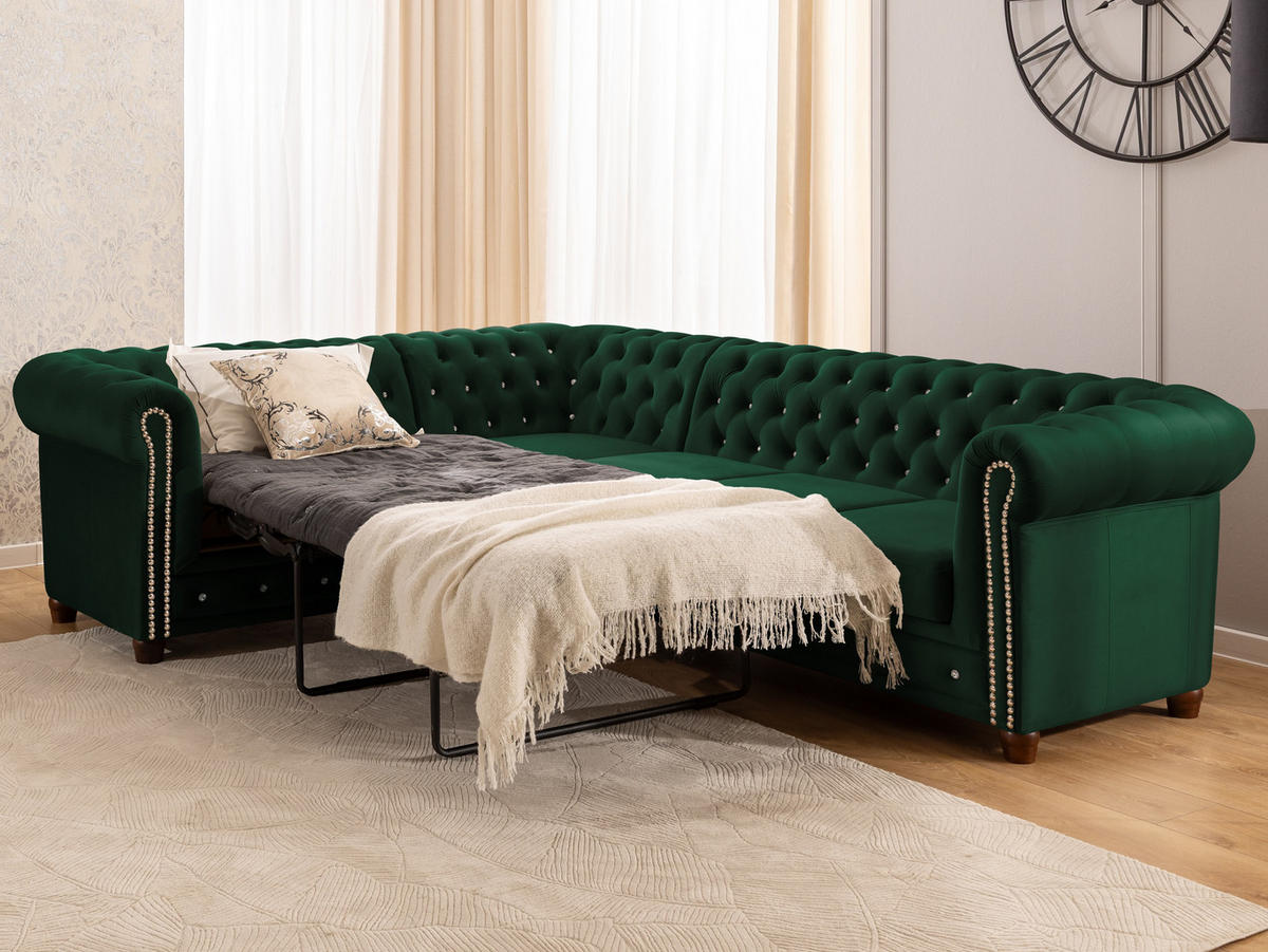 ECKSOFA mit Schlaffunktion Chesterfield Flasche Grün Samt mit Kristallsteppung und braunen Massivholzfüßen - Ottomane Links - Braun/Grün, Holz/Textil (264/210cm) - S-Style Möbel