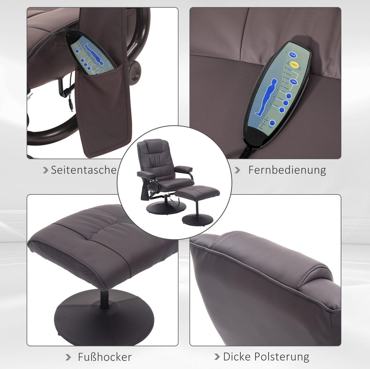 MASSAGESESSEL in Braun mit Hocker, 360° drehbar und frei verstellbarer Rückenlehne,77/84/95 cm - Braun, Metall (77/95/84cm) - Flora Grace
