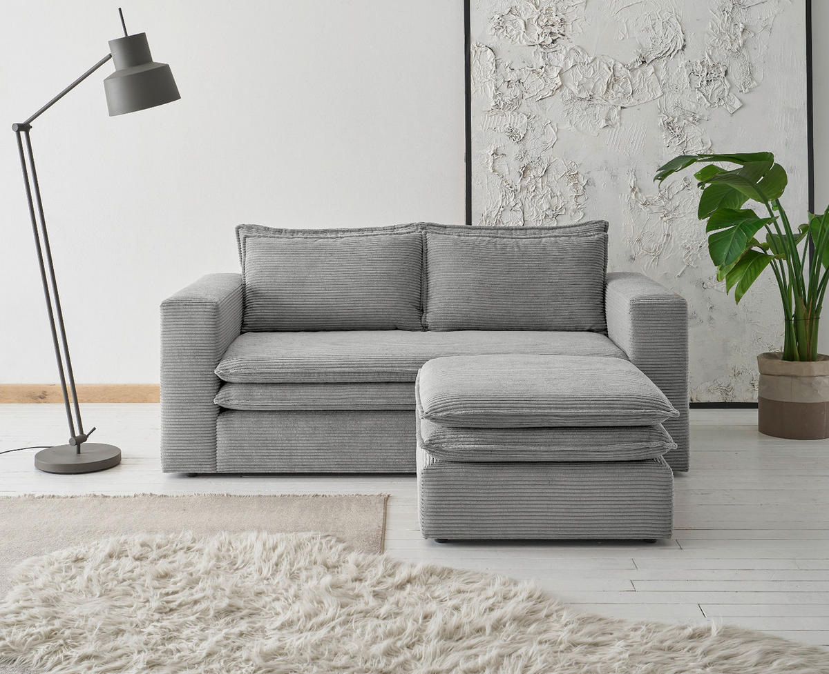 SOFA-SET hellgrau Cord, Couch 2-Sitzer inklusive Hocker - Beige/Hellgrau, Holz/Textil (180/83/161cm) - Furn.Design