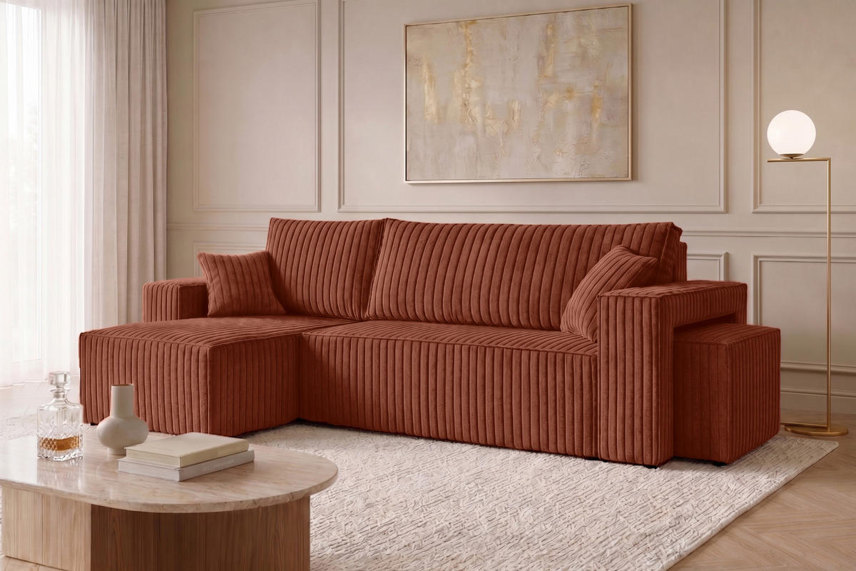 ECKSOFA Mit Schlaffunktion Und Pouf, Cordstoff Tilia, Kupfer, Links, Best L Mit Pouf - Orange, Holz (244/145cm) - Kaiser Möbel
