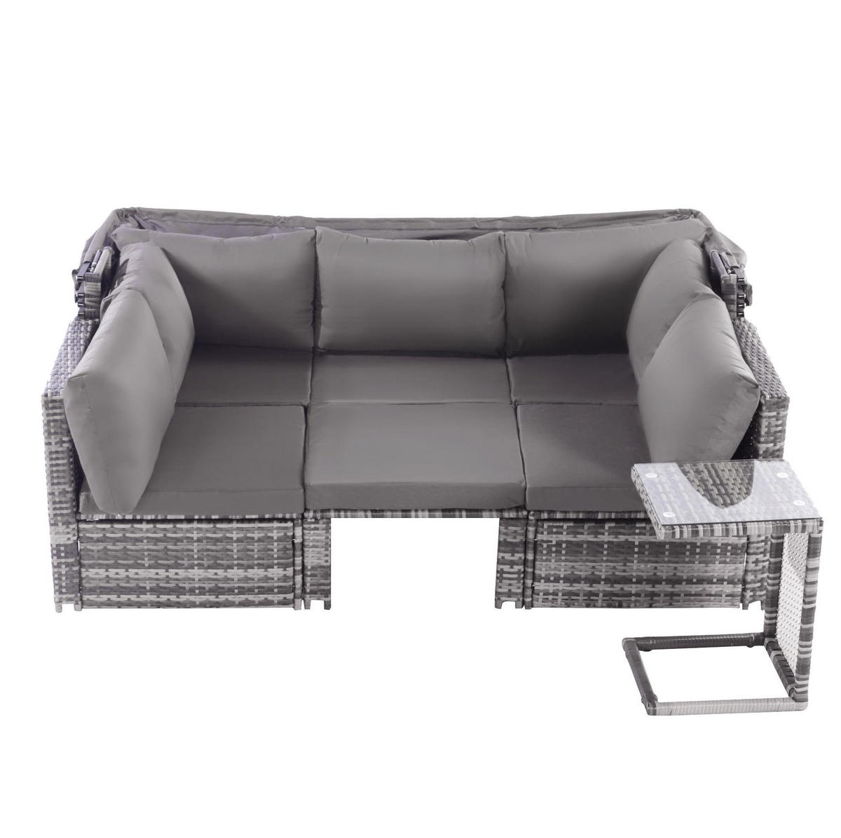 GARTENLOUNGE-SET 194/70/157 cm mit versenkbarem Sonnendach, modularen Elementen und Beistelltisch aus Polyrattan, Grau - Grau, Kunststoff - Redom