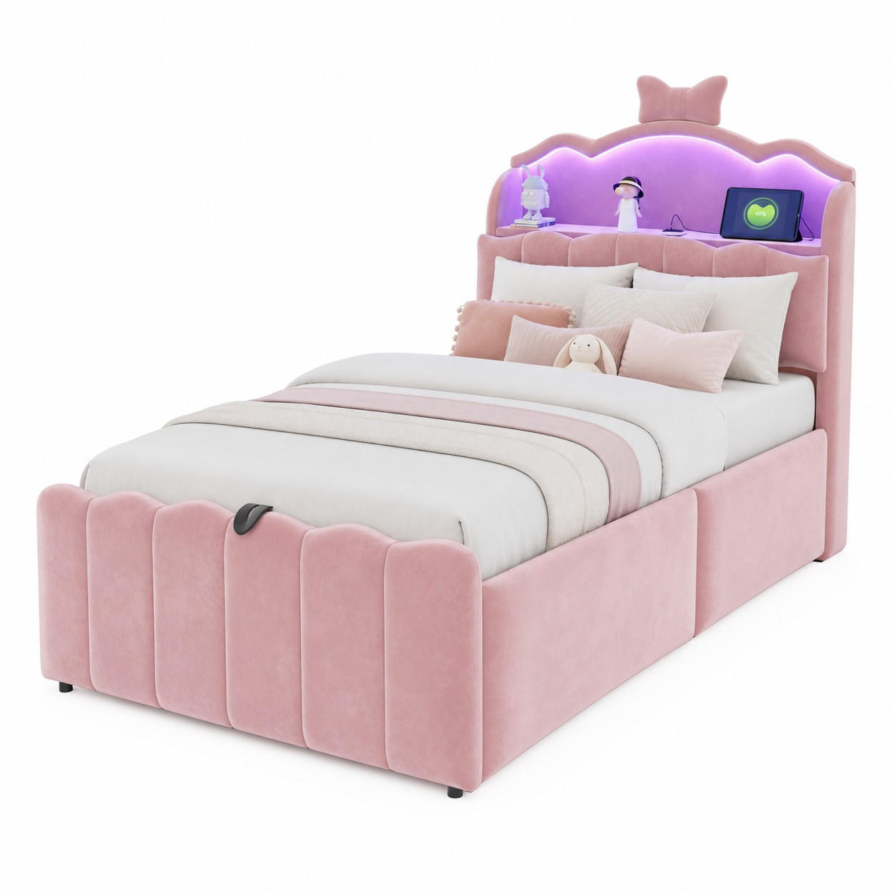 KINDERBETT 90/200 cm in Rosa mit Bettkasten, LED, USB und USB-C - Rosa, Holzwerkstoff/Textil (90/200cm) - CHICFURN