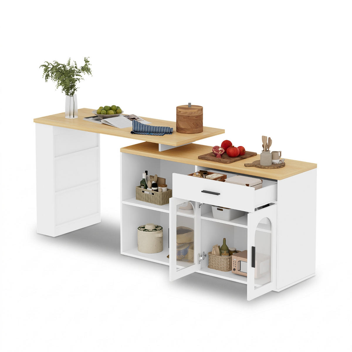 KÜCHENINSEL Mit 360° Drehtisch, TISCHPLATTE, Bartisch Mit Schublade Und Regalen, 136/50/78 Cm - Weiß, Holzwerkstoff (50/78/136cm) - Rolipo