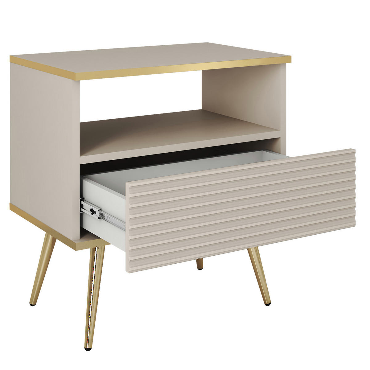 NACHTTISCH BANFF STO2-1S Goldene Metallbeine, geriffelte Fronten, Beige - Beige, Holzwerkstoff/Kunststoff (54/59/39cm) - Komodee