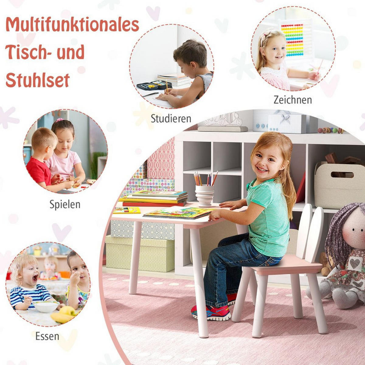 KINDERTISCH mit 2 Stühlen rosa(3-tlg) - Pink, Holzwerkstoff (62/43/62cm) - COSTWAY