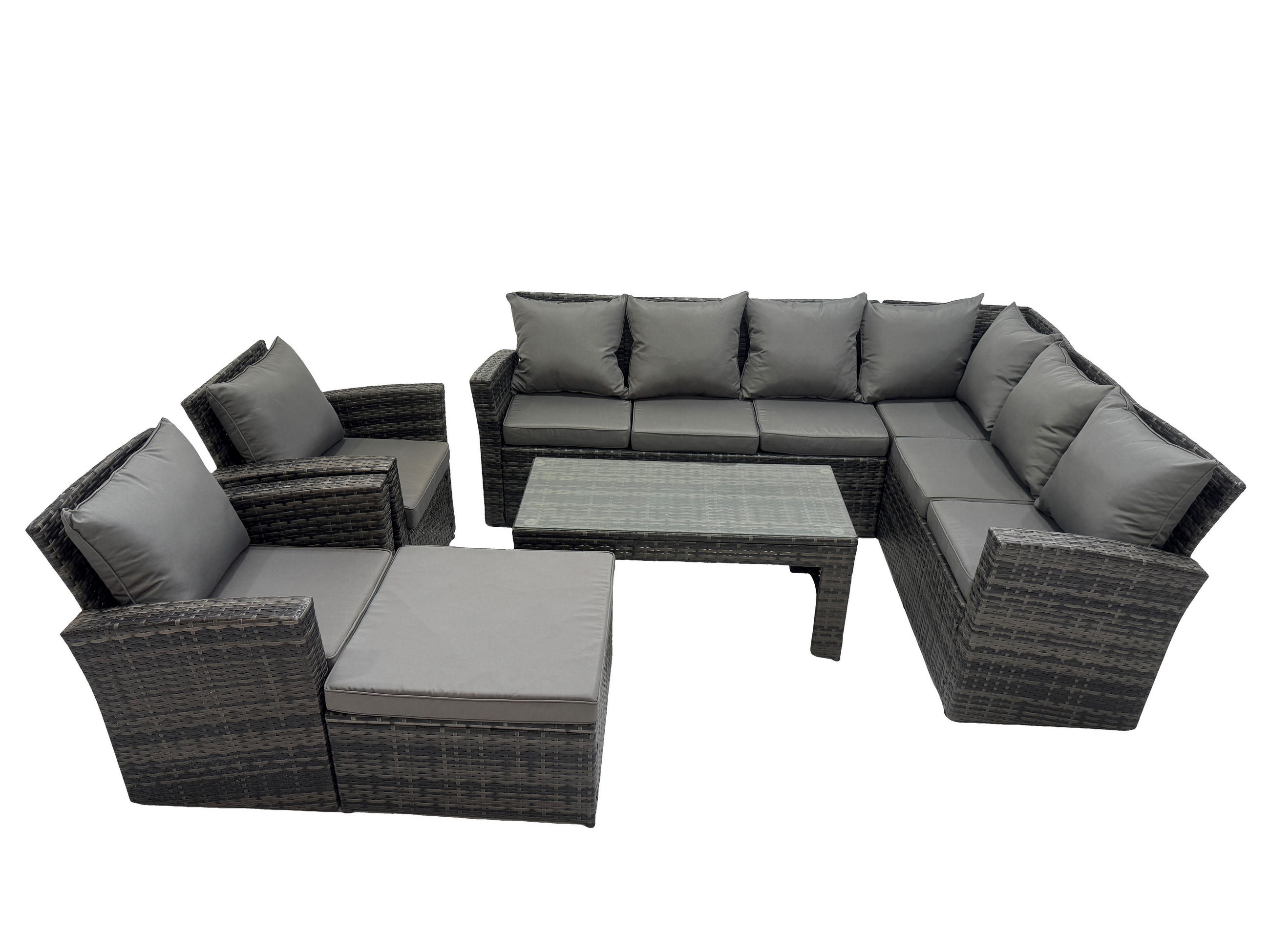 LOUNGEGARNITUR mit Couchtisch Sofa,Hocker Polyrattan Dunkelgrau 9-Sitzer - Dunkelgrau/Grau, Glas/Kunststoff - Fimous