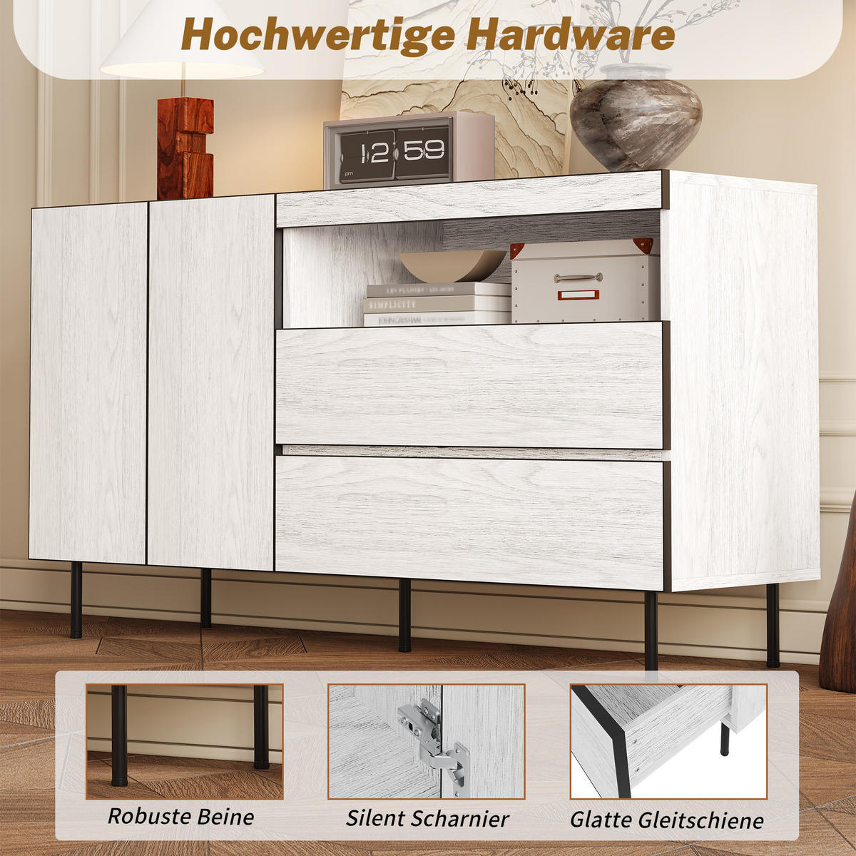 SIDEBOARD 2 Türen 2 Schubladen Offene Regale Multifunktional - Weiß, Holzwerkstoff (42/77/140cm) - FLIEKS