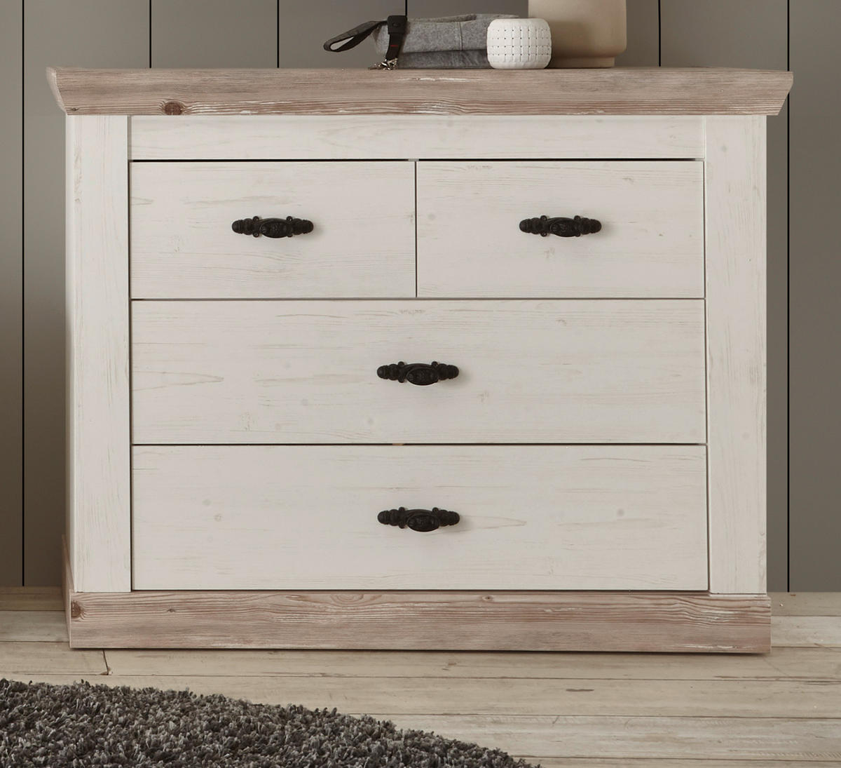 KOMMODE Pinie weiß, Oslo Pinie Landhaus, Schubladenkommode, 107 x 84 cm - Weiß/Pinienfarben, Holzwerkstoff/Metall (107/87/45cm) - Furn.Design