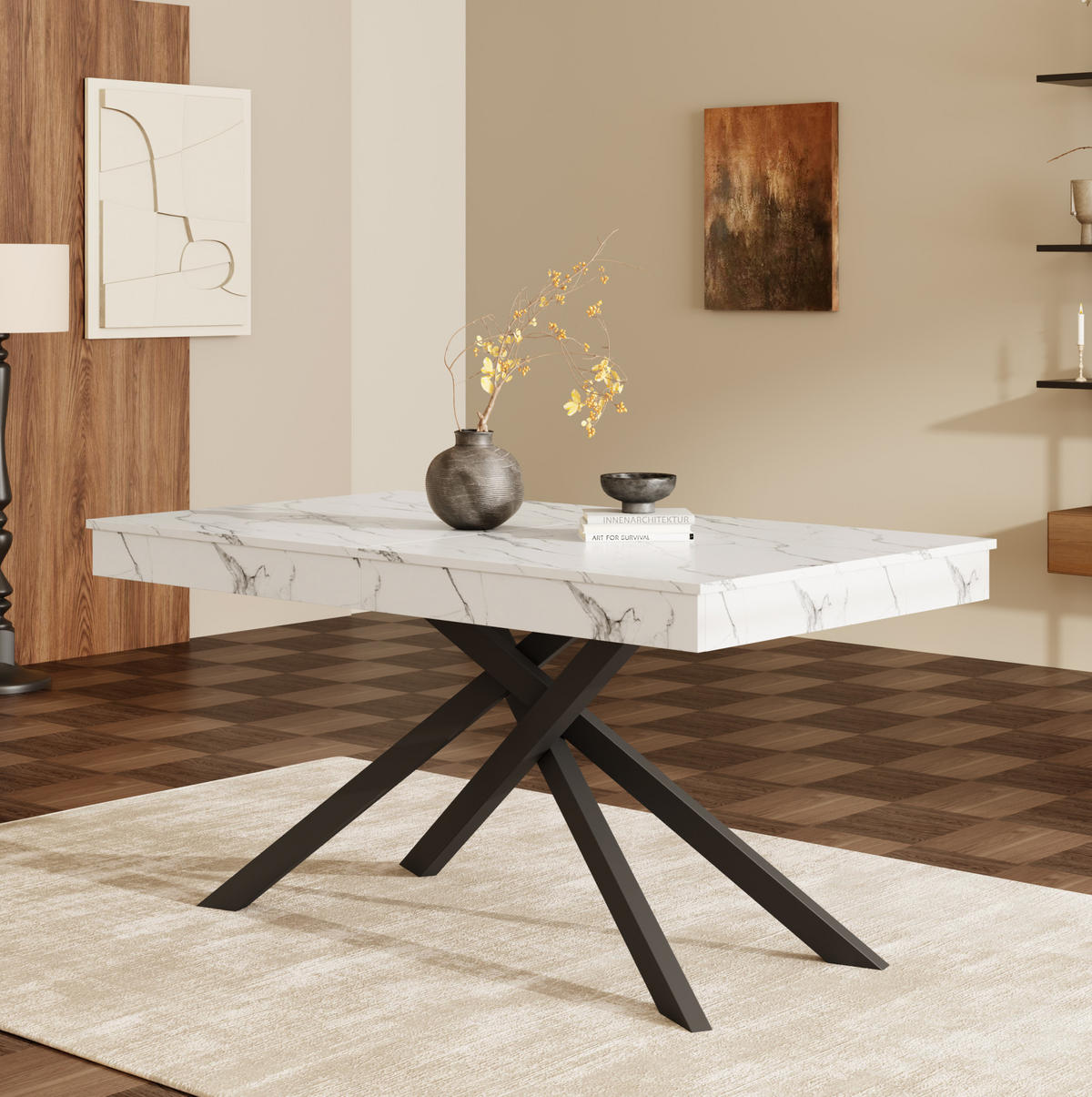 ESSTISCH aus MDF 180x80x76 cm Weiß ausziehbar mit 93 mm Tischplatte und Kreuzbeinen - Weiß, Holzwerkstoff (180/80/76cm) - Modfu