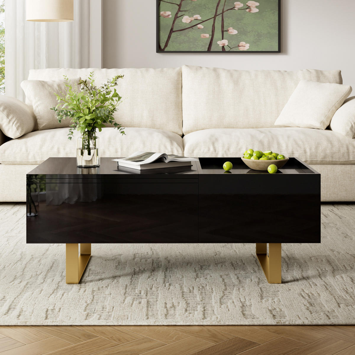 COUCHTISCH Höhenverstellbar MDF Hochglanz mit Schublade und Eisenfüßen - Schwarz, Holzwerkstoff (100/50/54.5cm) - Korfee