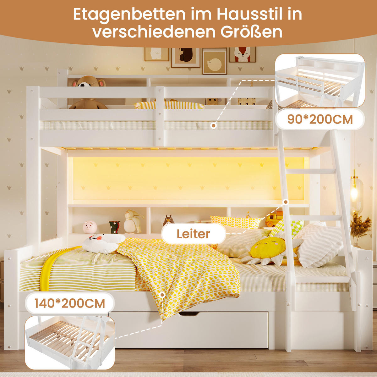 ETAGENBETT aus Kiefer 90x200/140x200 cm Weiß mit LED-Beleuchtung, offenen Fächern, Schublade und variabler Leiter - Weiß, Holzwerkstoff (90/200cm) - Modfu
