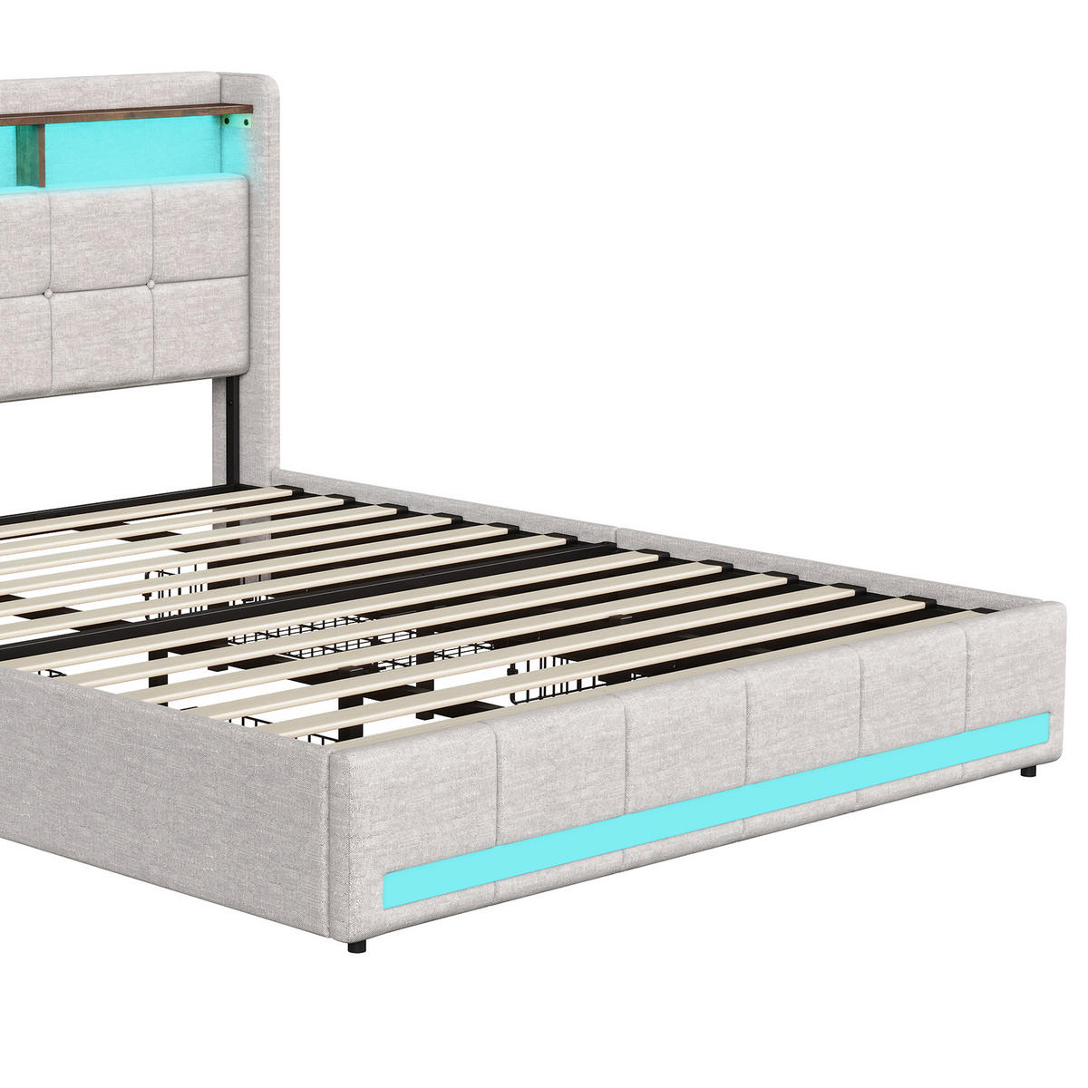 POLSTERBETT 180x200 cm mit Stauraumkopf und 4 Schubladen, LED-Leisten, USB-/Typ-C, Leinenstoff, Beige - Beige, Holz (180/200cm) - BRILVERDE