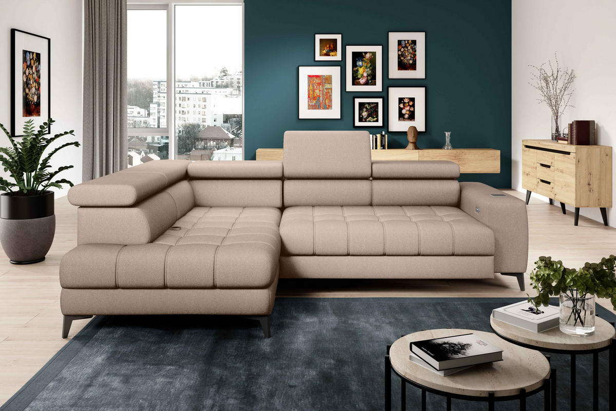 ECKSOFA BAGGIO Letto Stoff, Schlaffunktion, Bettkasten, Sitztiefe, Kopfstützen 280x196cm – Links – Beige - Beige, Holz/Textil (196/280cm) - DomoHome