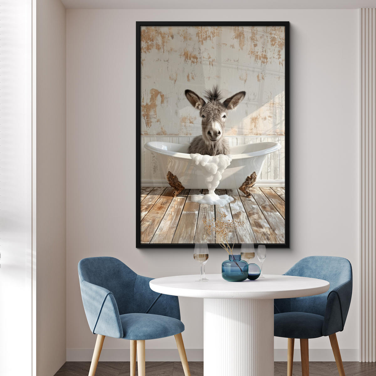 GERAHMTES BILD Esel - Tiere - Badewanne - Schaumstoff 80x120 cm - Weiß, Papier (80/120cm) - MuchoWow