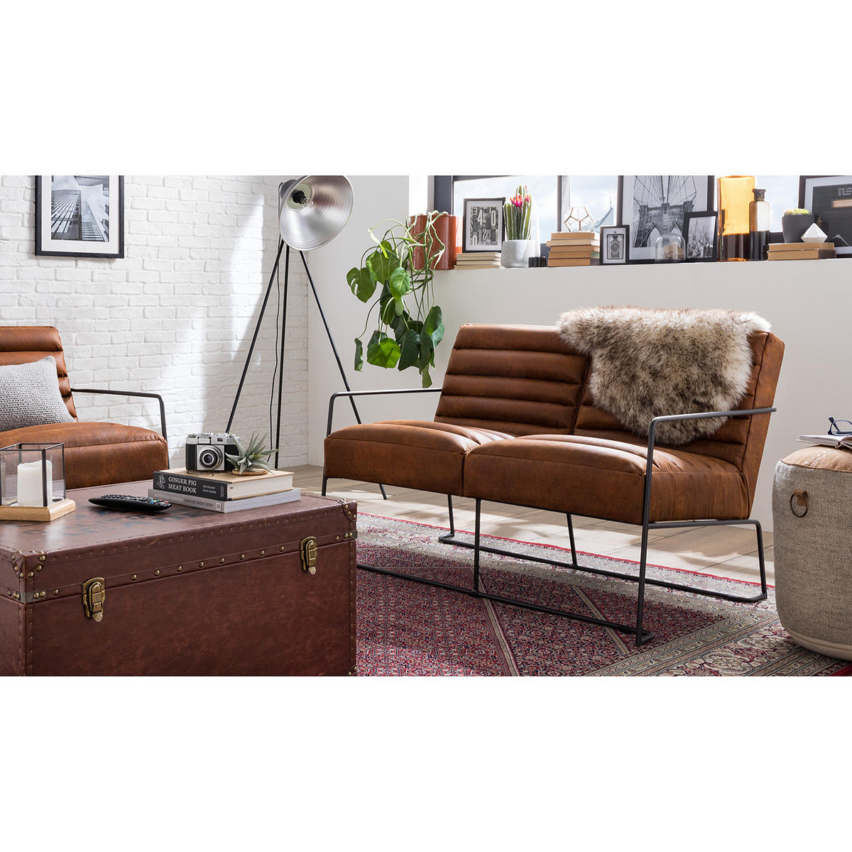 2-SITZER SOFA - Antiklederlook - Braun, Textil (121/81/78cm) - home24