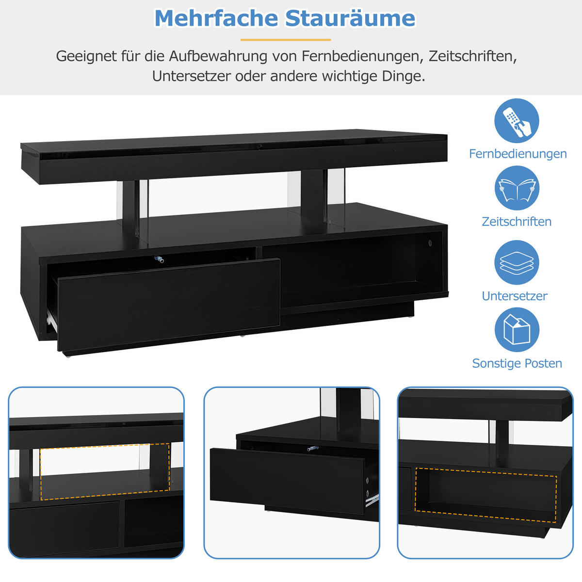 COUCHTISCH in Schwarz Hochglanz Couchtisch mit 2 Schubladen, offenen Fächern für Wohnzimmer, B95/T50/H42.5cm - Schwarz, Holzwerkstoff (50/95/42.5cm) - STILVORA