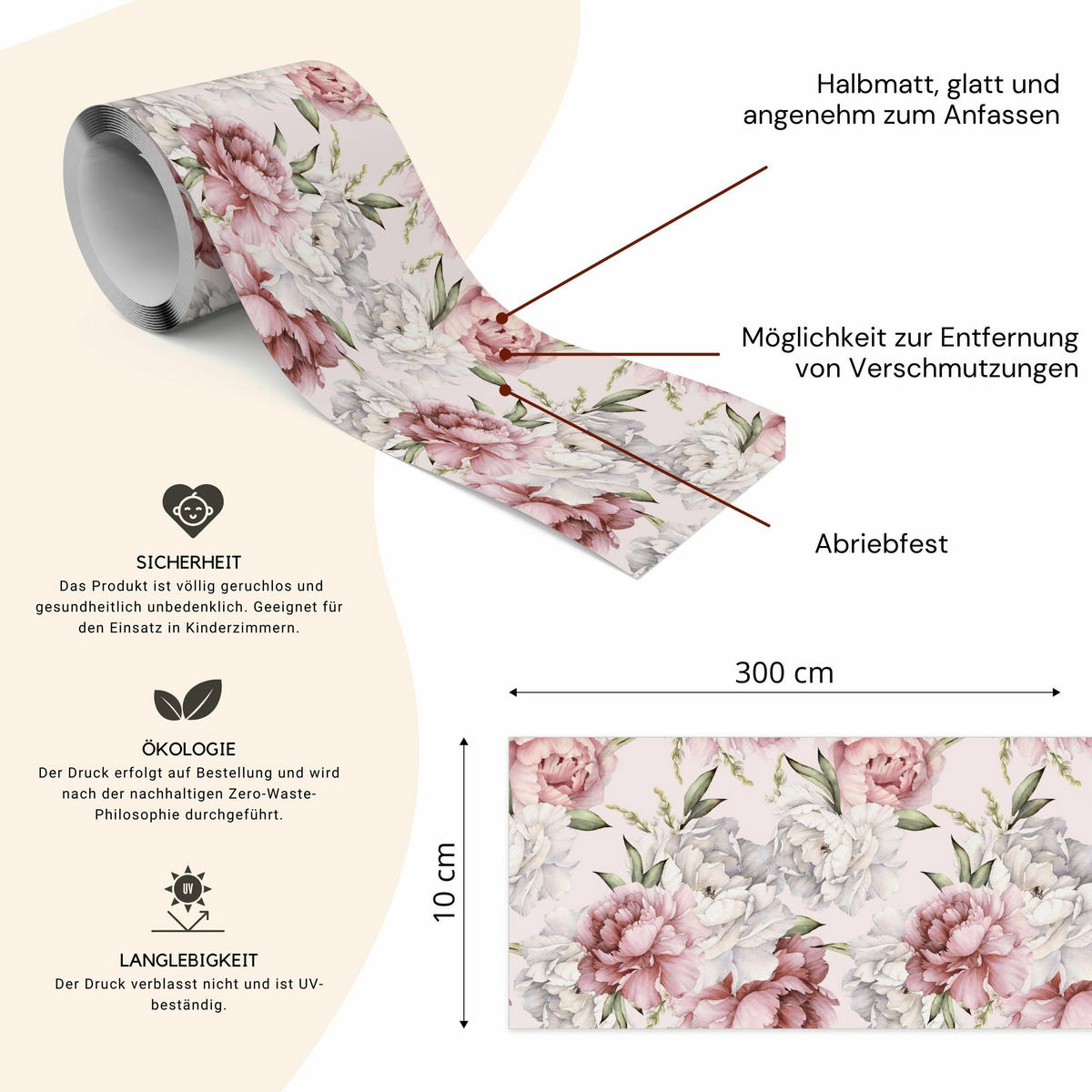 TAPETENBORDÜRE selbstklebend PFINGSTROSEN Blätter Pflanzen Natur - Weiß/Rosa, Papier (10/300/300cm) - Muralo