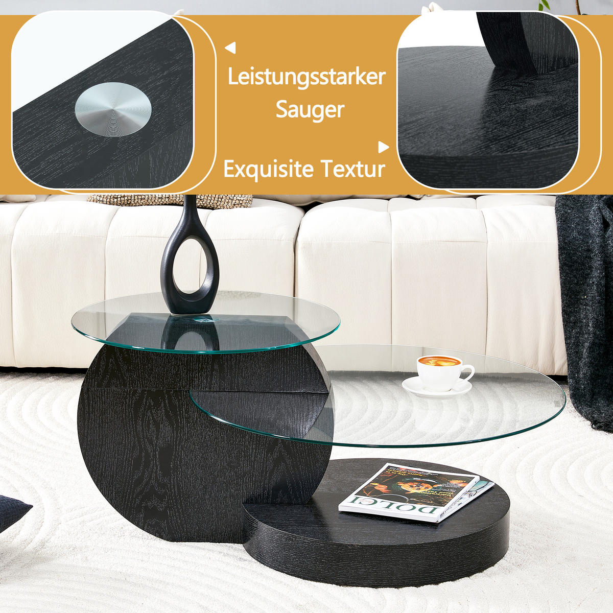 COUCHTISCH in Schwarz Wohnzimmertisch mit zwei Ebenen aus Sicherheitsglas für Wohnzimmer, B90/T70/H44 cm - Transparent/Schwarz, Glas/Holzwerkstoff (90/90/44cm) - STILVORA