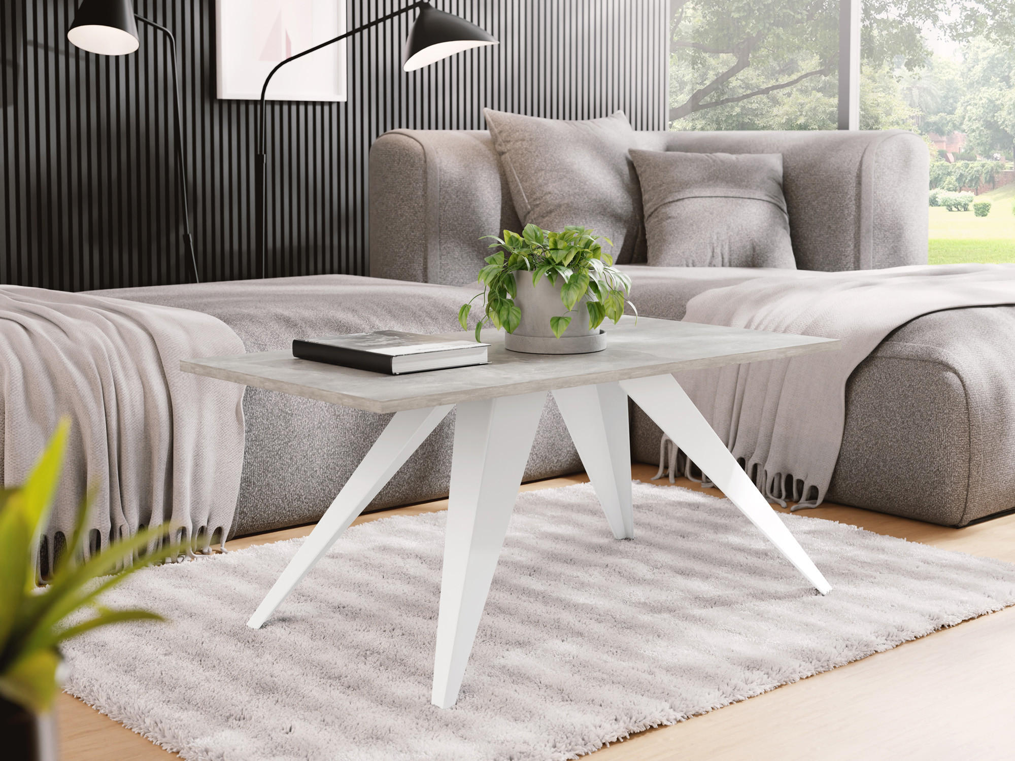 ESSTISCH Vance rechteckig, Grauer Beton 120/60/48 cm - Hellgrau/Weiß, Holzwerkstoff/Metall (60/120/48cm) - WFL GROUP