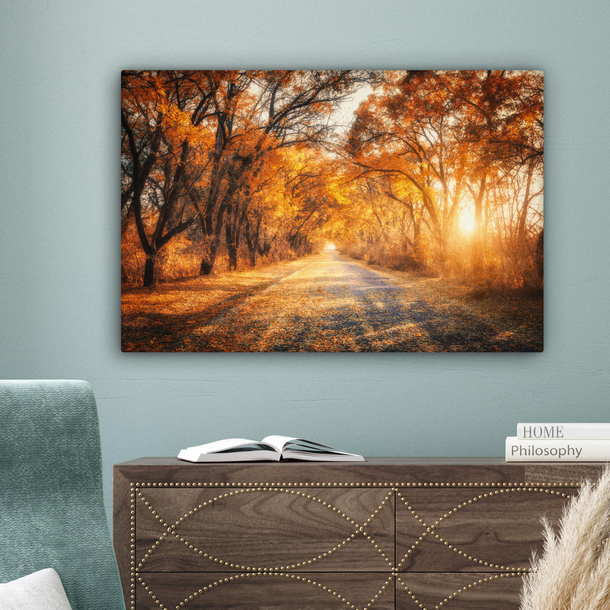 LEINWANDBILD Wald - Herbst - Bäume - Waldweg - Natur Gemälde 60x40 cm - Bernsteinfarben, Textil (60/40cm) - MuchoWow