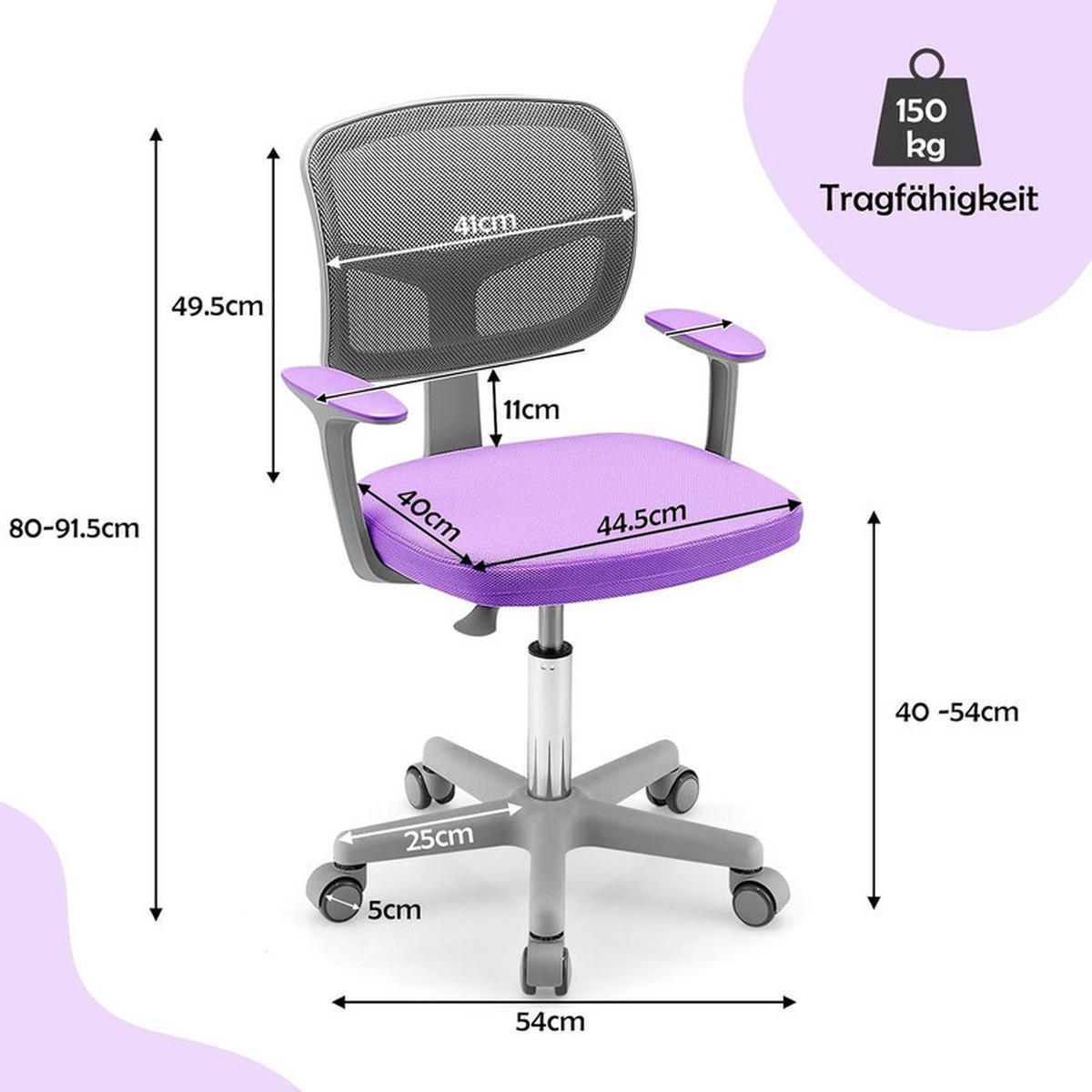 KINDER‑BÜROSTUHL 360°drehbar violett - Lila, Kunststoff (54/80/54cm) - COSTWAY