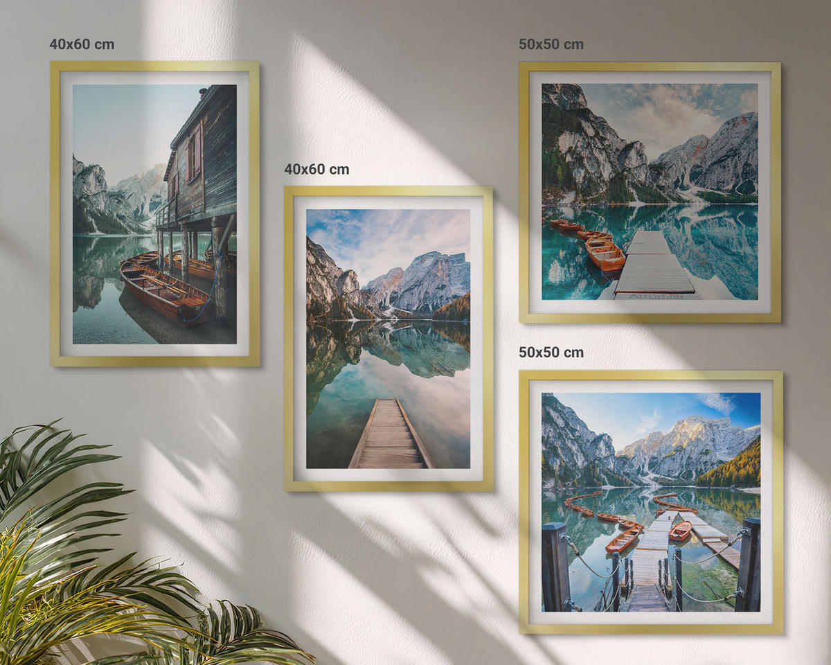 WANDBILDER 4er Set - 50x50 cm & 40x60 cm Goldrahmen - See Berge Holzboote - Goldfarben, Kunststoff (50/50cm) - ArtPrintCave