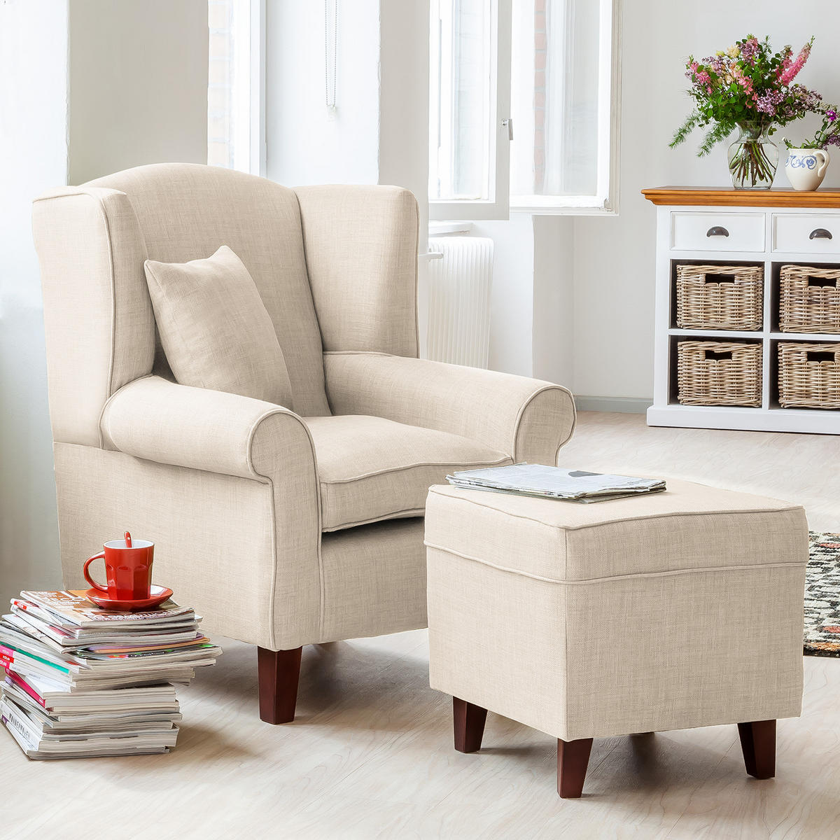 OHRENSESSEL - Dunkelbraun/Beige, Holz/Birkenholz (78/95/78cm) - home24