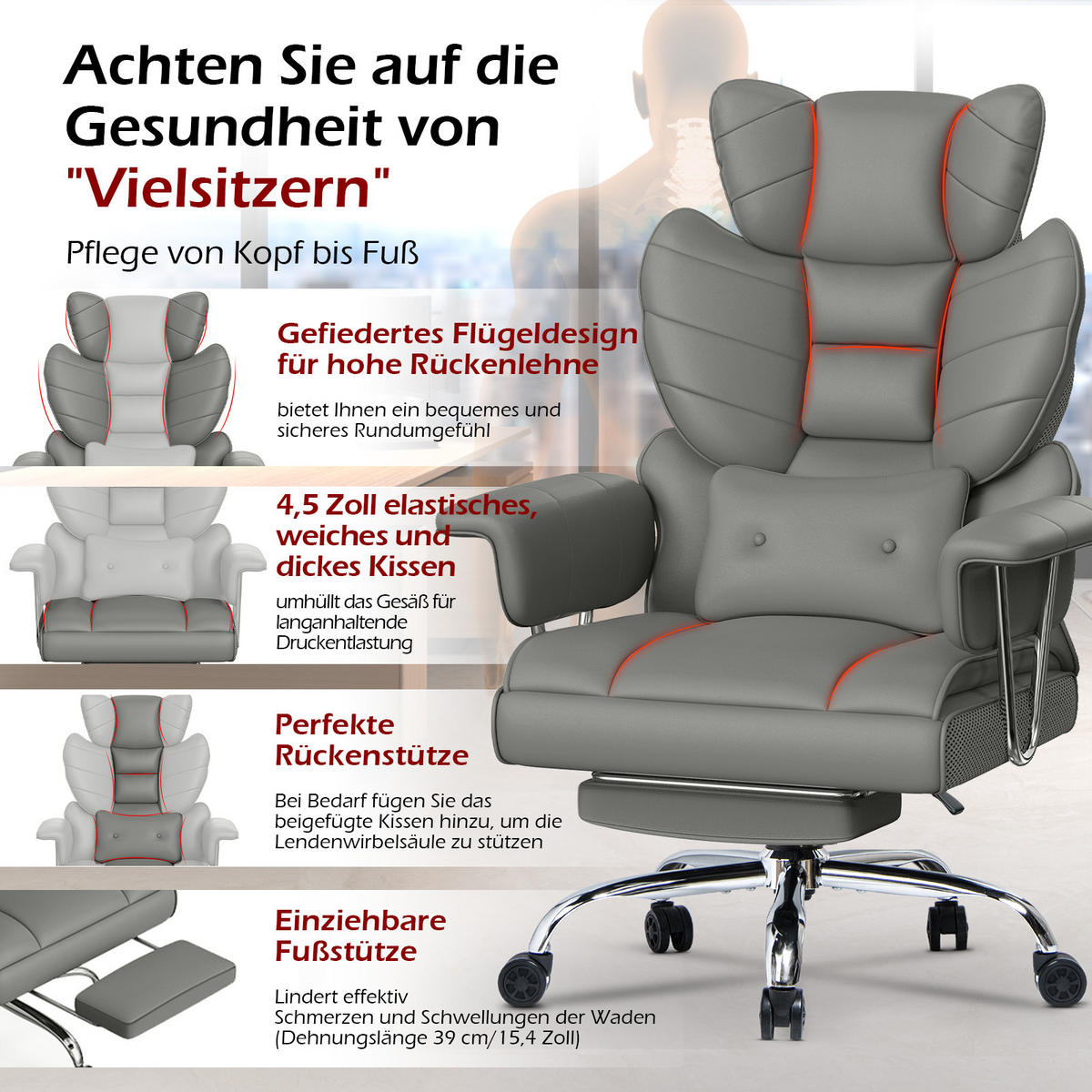 CHEFSESSEL ergonomisch, Leder, Fußstütze – Grau - Grau, Metall (58/128/50cm) - Rattantree