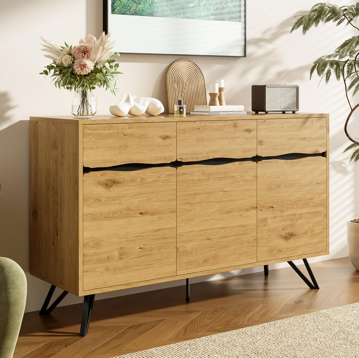 SIDEBOARD aus Spanplatte 140x40x75,5 cm Holzfarbe/Schwarz mit 3 Türen und Metallbeinen - Naturfarben, Holzwerkstoff (140/75.5/40cm) - IVMEU