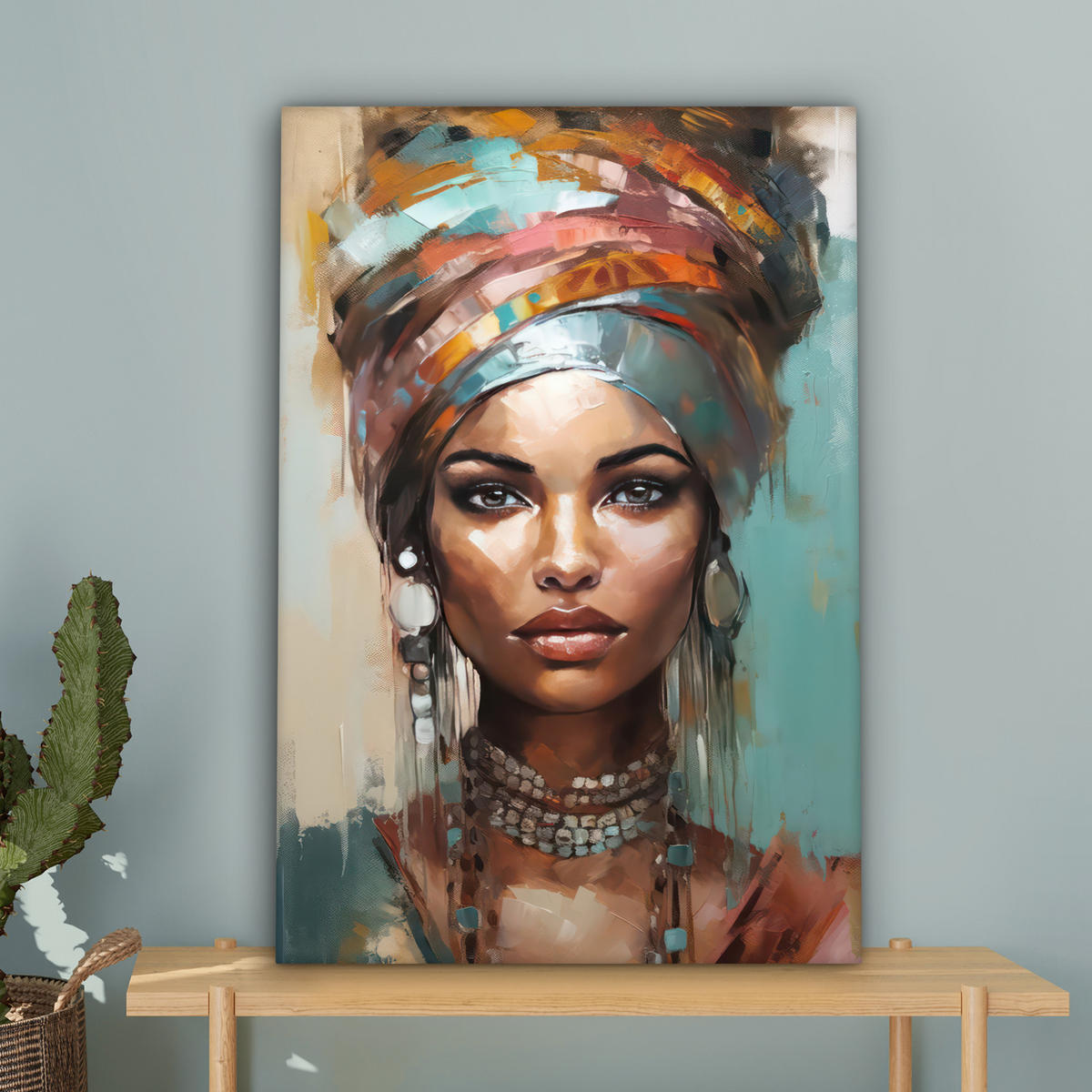 LEINWANDBILD Frau - Kunst - Schmuck - Porträt Wanddeko Schlafzimmer 60x90 cm - Blaugrau, Textil (60/90cm) - MuchoWow