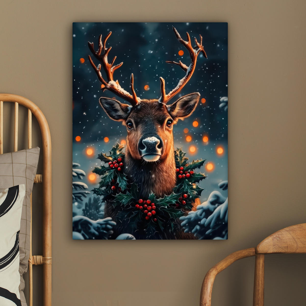 LEINWANDBILD Hirsch - Weihnachten - Winter - Schnee - Weihnachtskranz 60x80 cm - Dunkelbraun, Textil (60/80cm) - MuchoWow