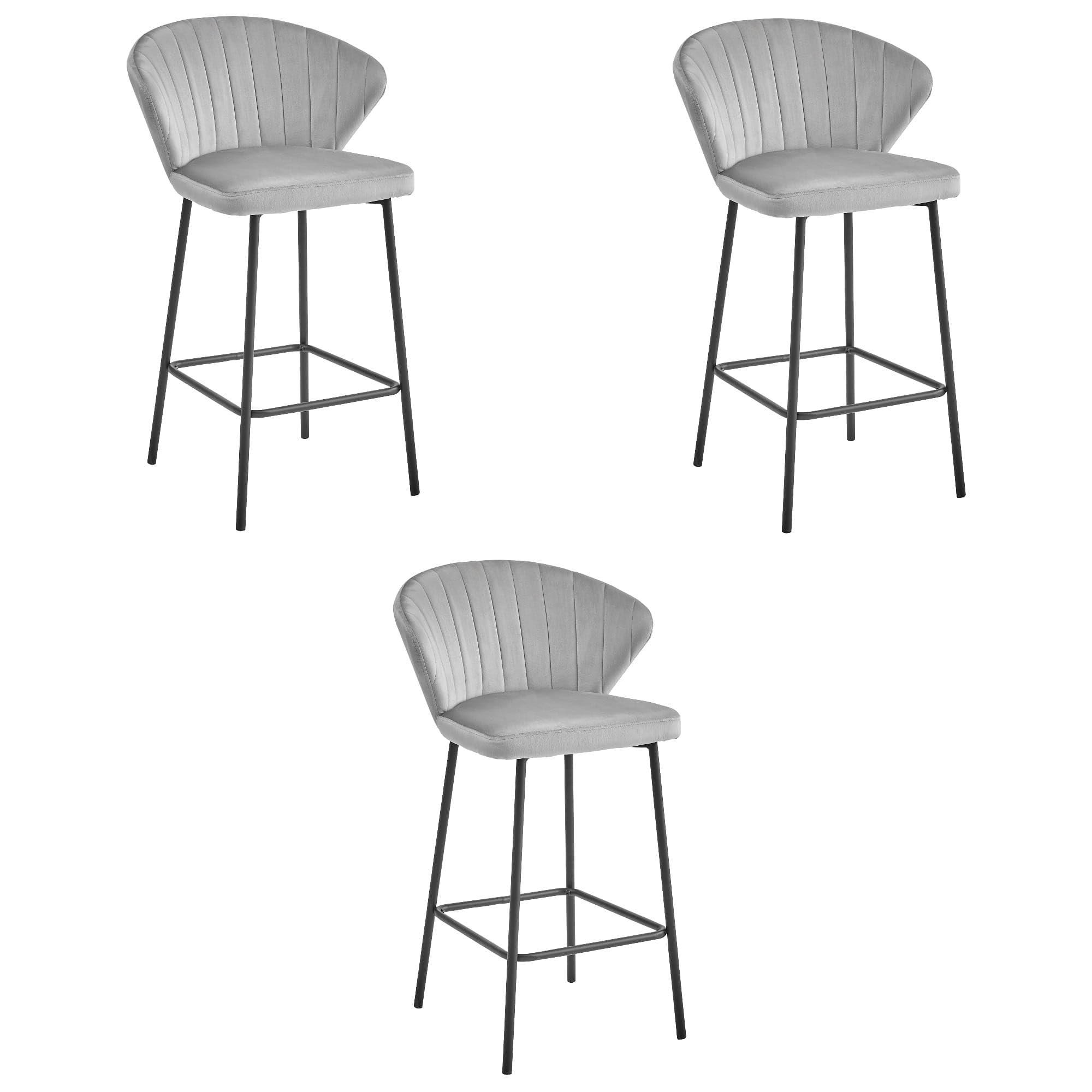 BARHOCKER 3er Set Silbergrauer Samt, Bequeme Sitzfläche, Schwarze Füße - Grau, Textil (43/46/33cm) - Best For Home