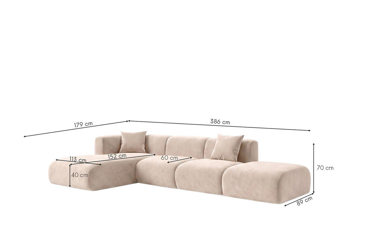 ROHOVÁ SEDAČKA Ve Tvaru L S Taburetem, Sametová Látka Bluvel, Krémová, Levá, GRETA - krémová, dřevo (386/179cm) - Kaiser Möbel