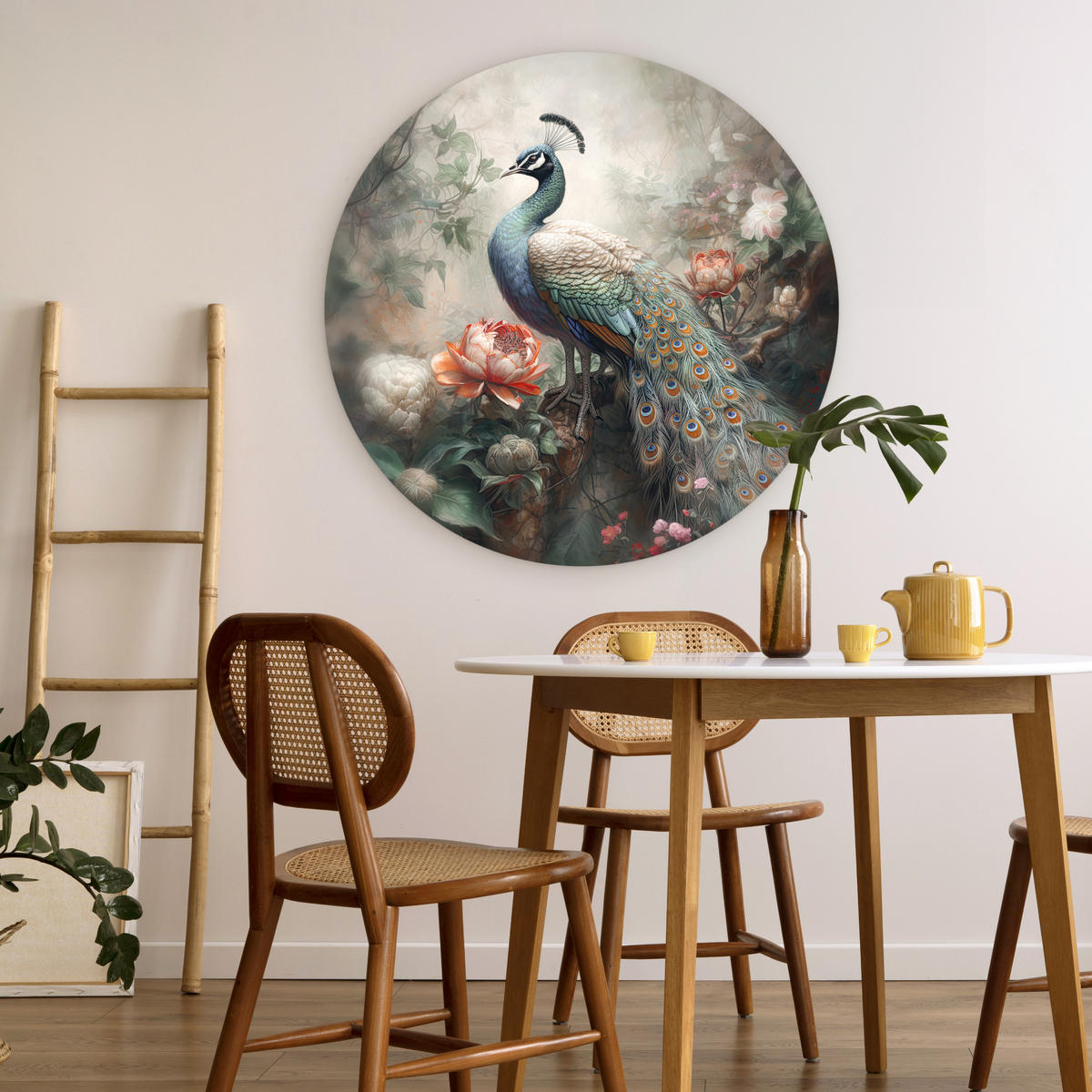 WANDBILD Pfau - Pfauenfedern - Vogel - Dschungel - Blumen 90x90 cm - Smaragdgrün, Kunststoff (90/90cm) - MuchoWow