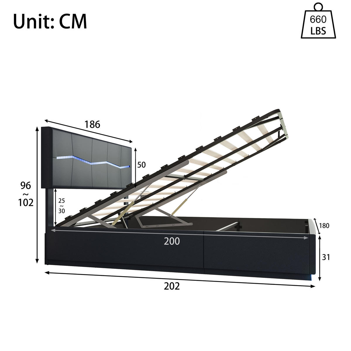 POLSTERBETT 180x200 cm, Schwarz, mit LED & USB-Typ-C-Ladeanschluss - Schwarz, Textil/Metall (180/200cm)