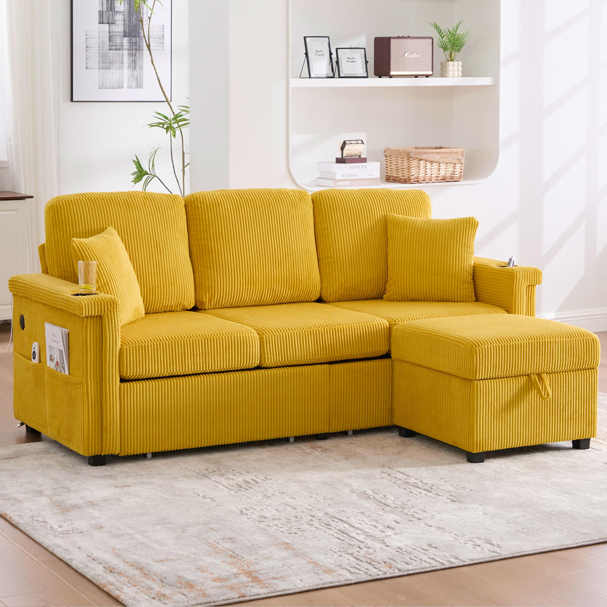 SOFA mit LED und USB/Type-C 194 x 73 x 81 cm Mustard Yellow - Gelb, Kunststoff (194/81/73cm) - Meubliv