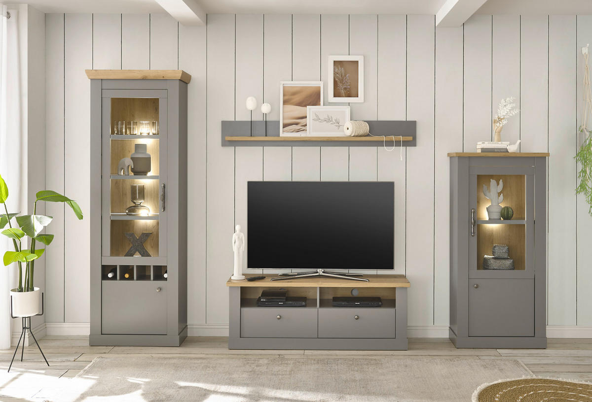VITRINE grau, Artisan Eiche Landhaus 68 cm, Vitrinenschrank 2-türig - Silberfarben/Hellgrau, Glas/Holzwerkstoff (68/142/37cm) - Furn.Design