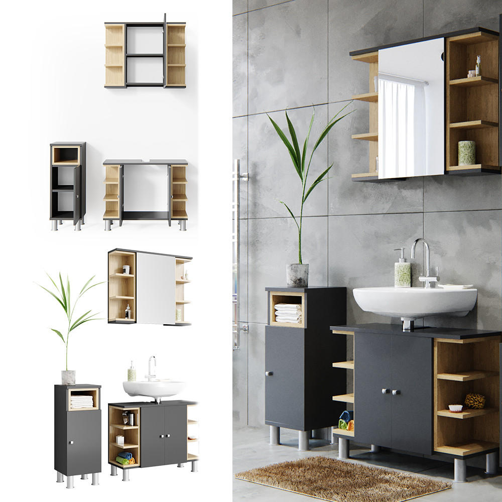 BADMÖBEL-SET Aquis Anthrazit 3 Teile - Anthrazit/Sonoma Eiche, Holzwerkstoff (79.6/64/32cm) - Vicco