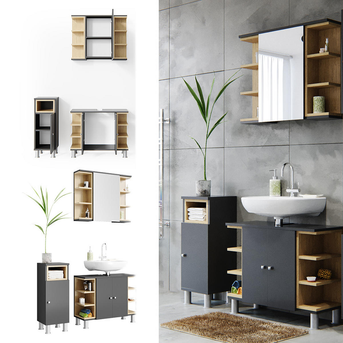 BADMÖBEL-SET Aquis Anthrazit 3 Teile - Anthrazit/Sonoma Eiche, Holzwerkstoff (79.6/64/32cm) - Vicco