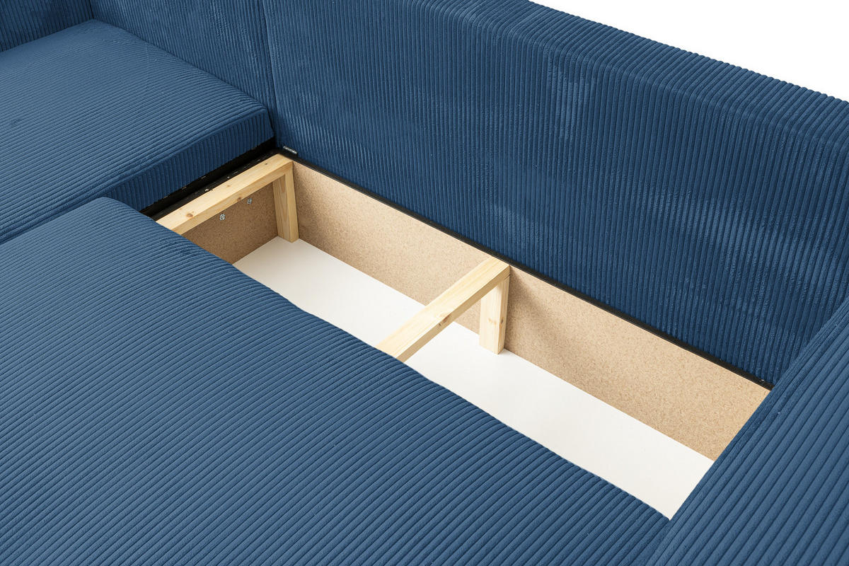 ECKSOFA LUNA mit Schlaffunktion und Bettkasten Cord-Stofff (Blau) - Blau, Textil (244/142cm) - VENASI MÖBEL