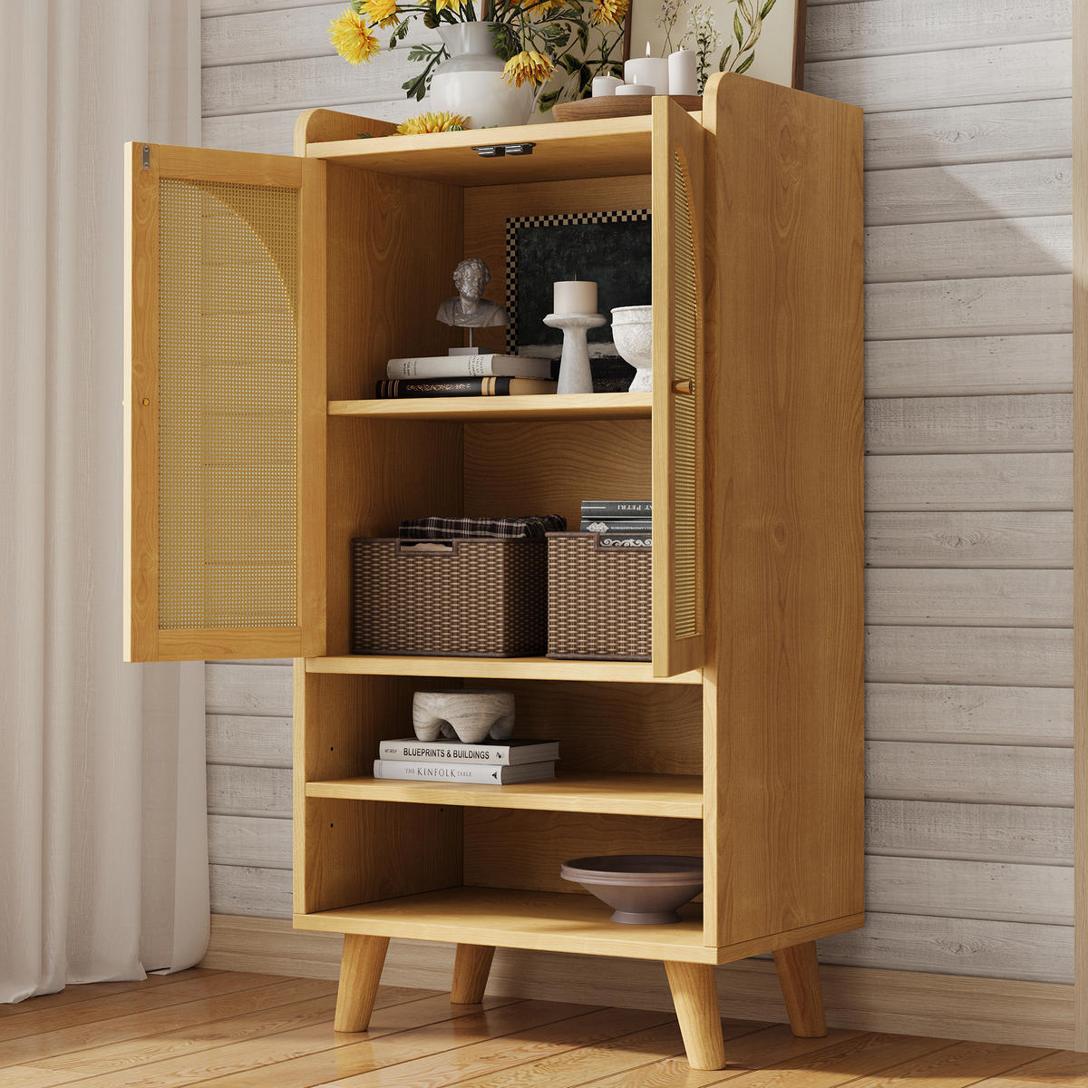 SIDEBOARD Rattan Holz 2 Türen 2 Fächer 60x40x121cm Stauraum - Naturfarben, Holzwerkstoff (40/121/60cm) - FLIEKS