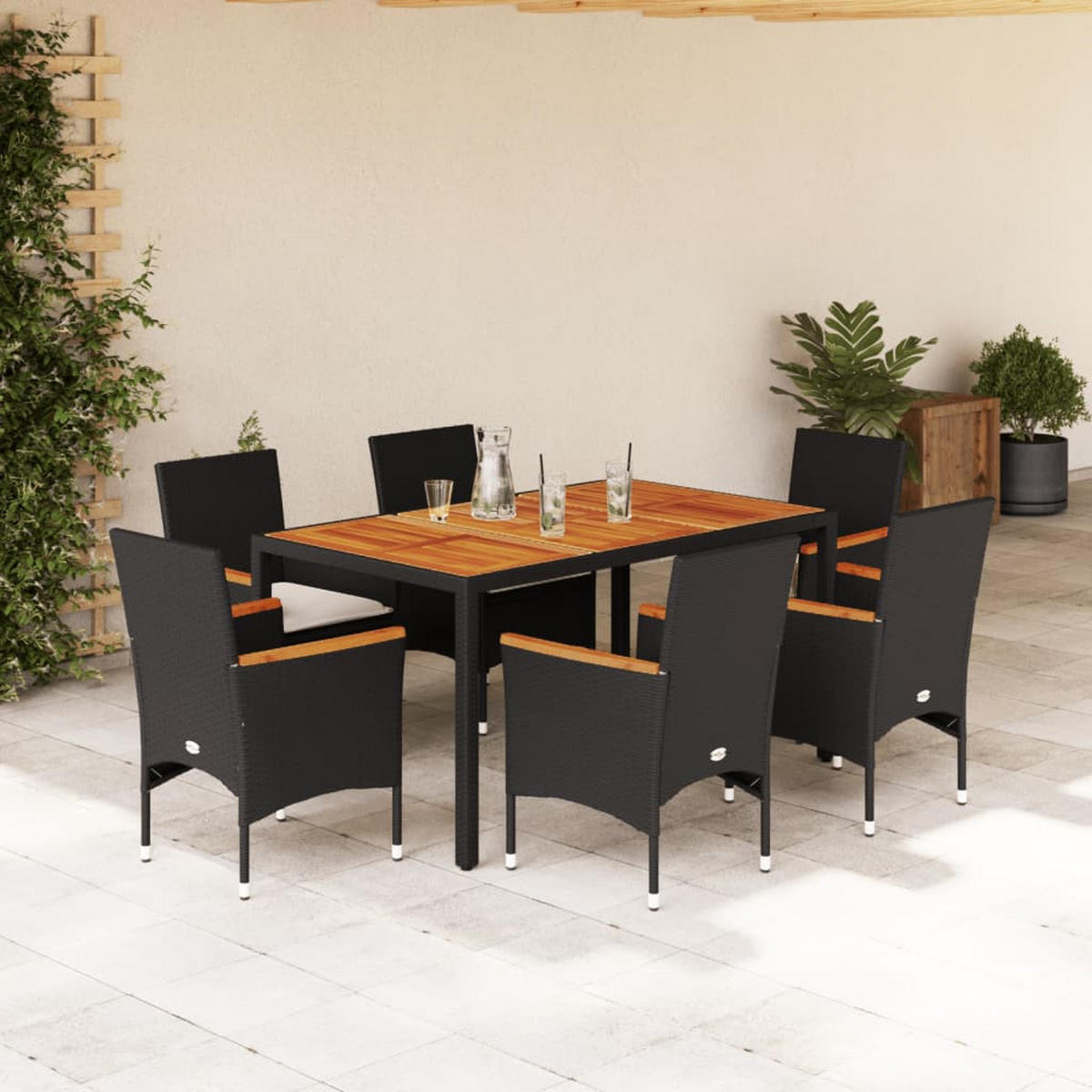 GARTEN-ESSGRUPPE 7-TLG. Mit Kissen Schwarz Poly Rattan Akazie - Schwarz, Kunststoff - vidaXL