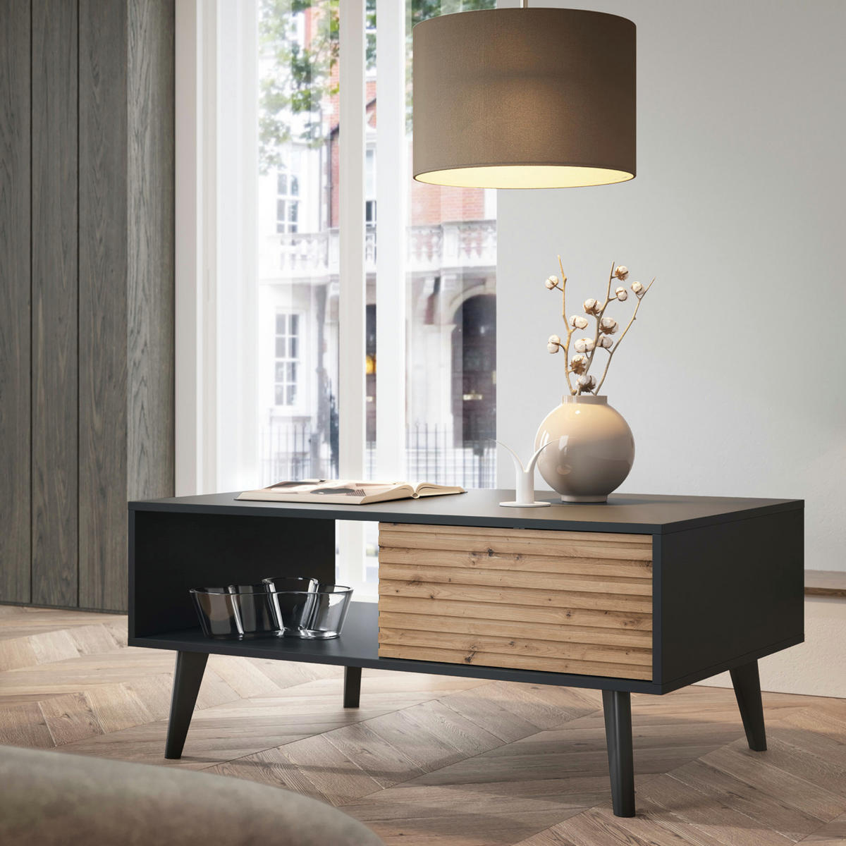 COUCHTISCH Saskatoon L104, Modernes Design, Eiche, Schwarz - Eichefarben/Eiche Artisan, Holz/Holzwerkstoff (68/104/46cm) - Komodee
