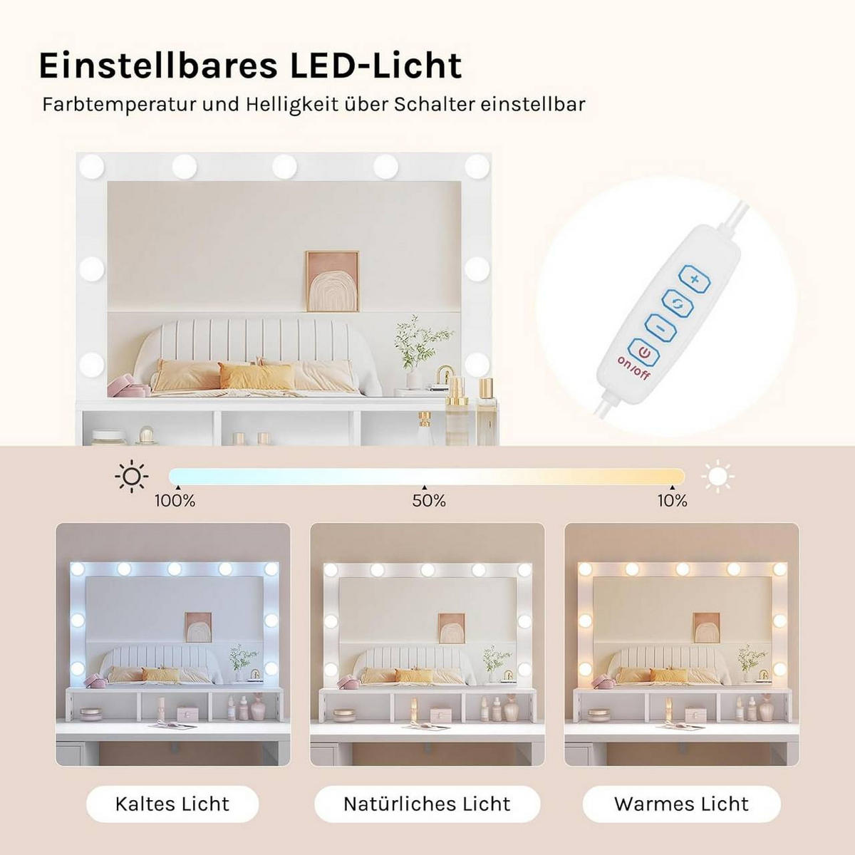 SCHMINKTISCH mit LED, Spiegel, Kommode, Weiß - Weiß, Glas/Holzwerkstoff (90/134.5/40cm) - Woltu